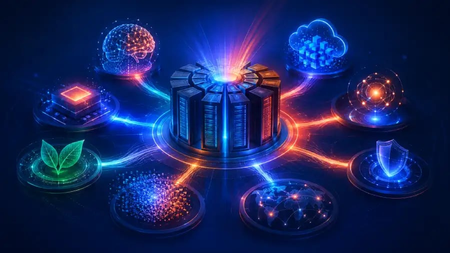 Futuristic supercomputer hub connected to eight visual symbols representing AI, cloud, quantum computing, sustainability, cybersecurity, global networking, data and advanced processors