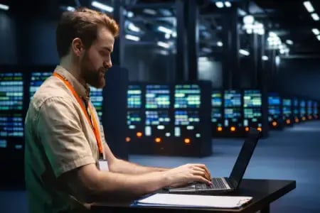 Man typing on laptop in data centre