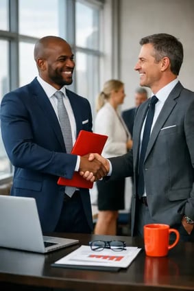 Two professional businessmen in suits shaking hands in a modern office, representing a successful strategic partnership with Bull Two professional businessmen in suits shaking hands in a modern office, representing a successful strategic partnership with Bull