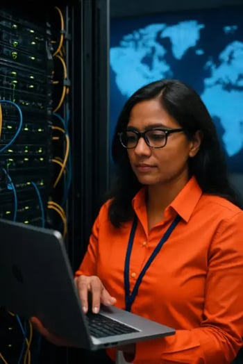 Female IT professional working on a laptop in a Bull Services server room with a global map background
