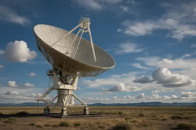 Large white satellite dish of the SKA Observatory radio telescope array in a desert landscape under a blue sky, illustrating the data infrastructure contract between Eviden and SKAO.