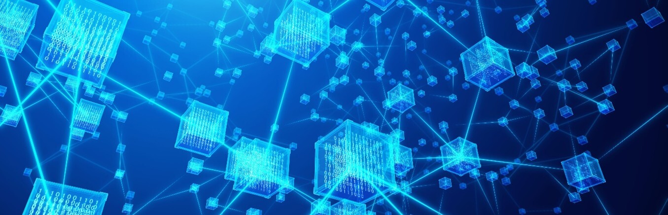 abstract blue image of cubes linked by glowing blue lines