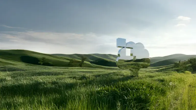 A mirror-finished Bull logo sculpture standing in a lush green meadow under a cloudy sky, reflecting the natural landscape.