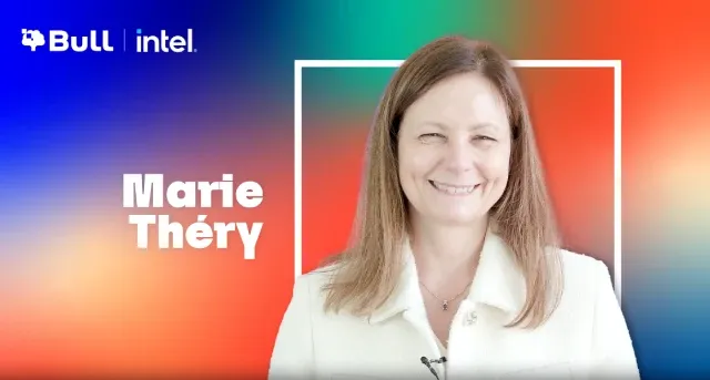 Marie Thery from Intel on a coloured background