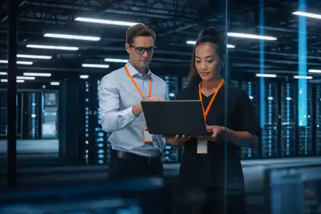 A man and woman in a data centre using a tablet