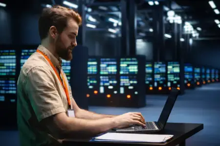 Man typing on laptop in data centre