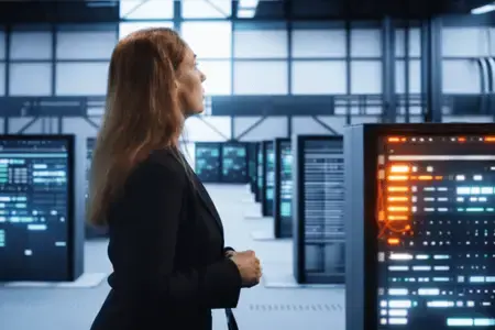 Professional woman standing in a modern server room hallway looking at rows of high-performance computing cabinets