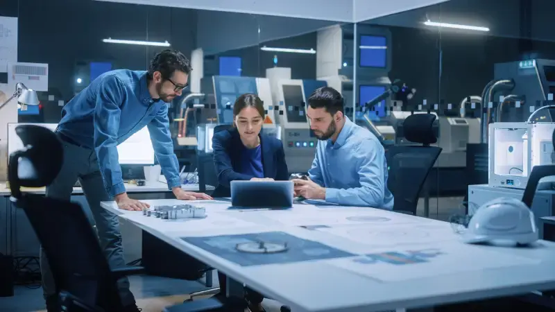 2 men and a woman working together around a desk in blue tones