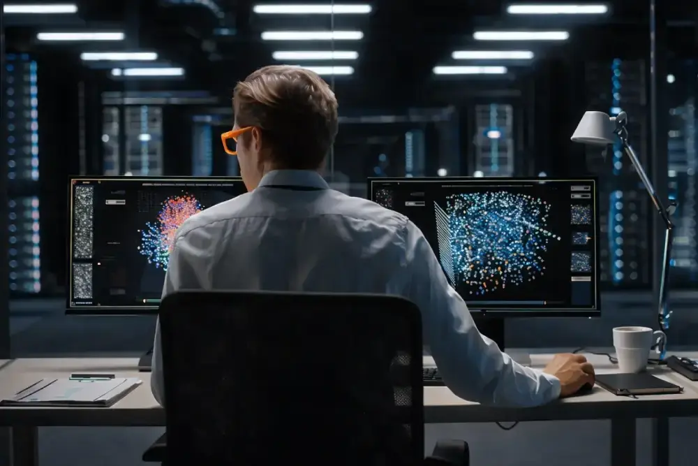 Rear view of a technician monitoring high-performance computing data at a workstation, representing the BullSequana XH3000 supercomputer
