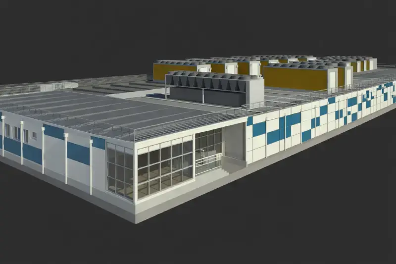 3D architectural rendering of a Bull modular data center facility showing energy-efficient outdoor housing units