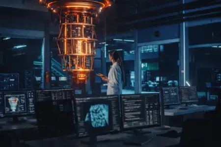 Internal view of a gold-plated quantum processor dilution refrigerator inside a laboratory