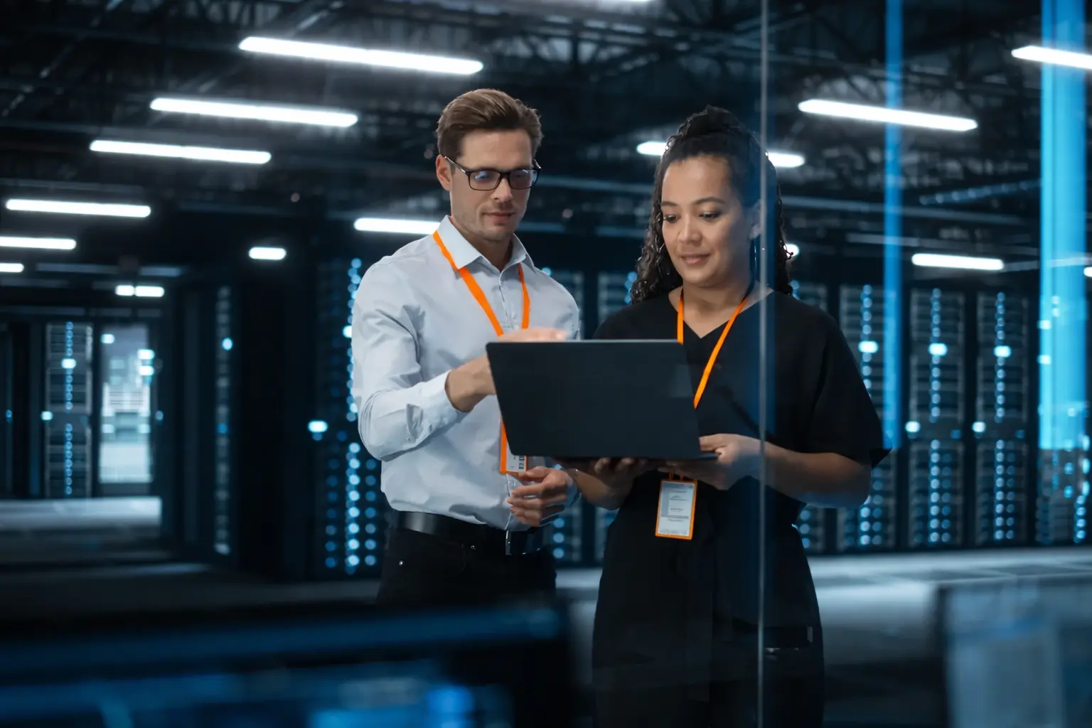 Engineers reviewing computing infrastructure in a data center for lifecycle services