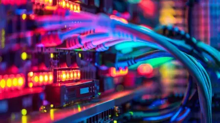 A close-up of vibrant blue and purple fiber optic networking cables connected to server hardware