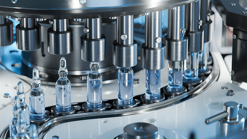 Close-up of a production line for medical vials in a modern pharmaceutical plant. The drug manufacturing process.