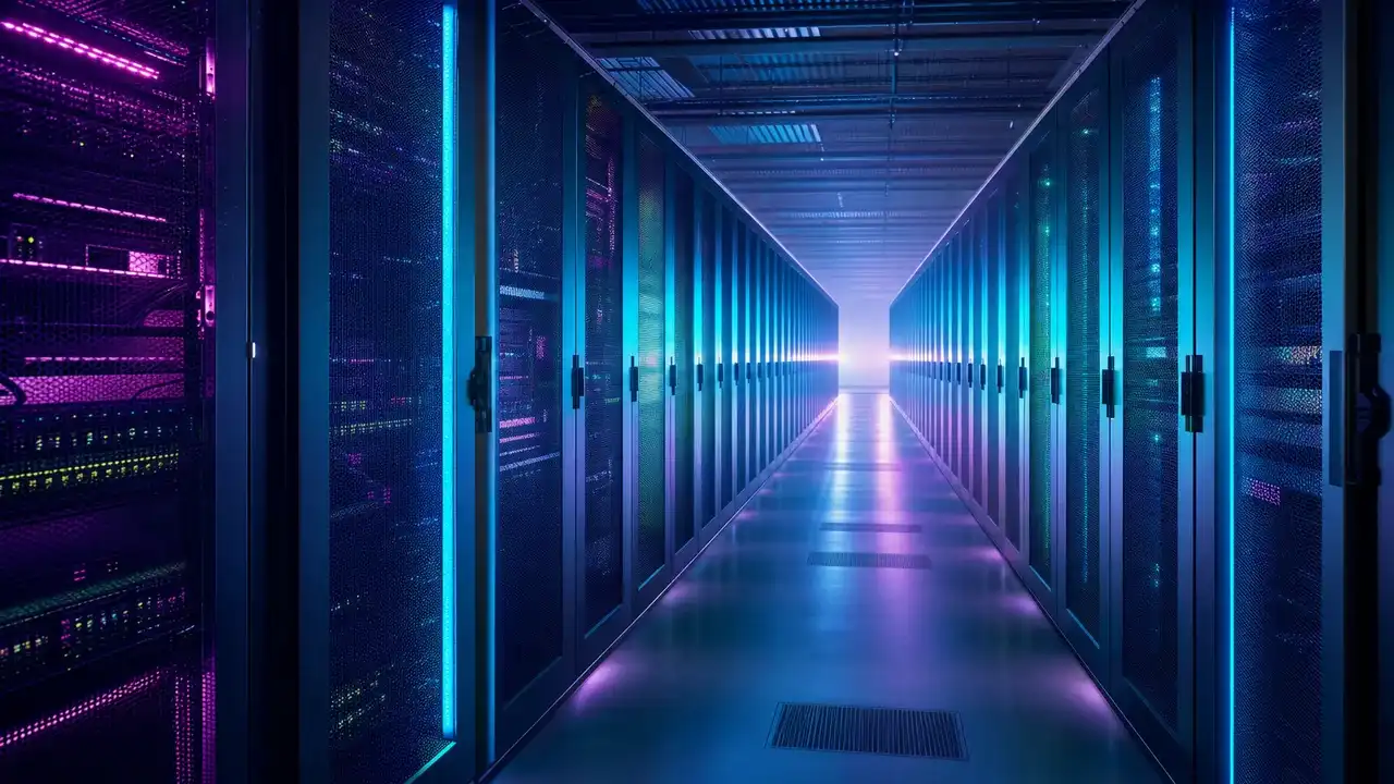 A long corridor between rows of server racks in a modern data centre, lit by cool blue, magenta and teal accent lighting that recedes toward a bright vanishing point in the distance.
