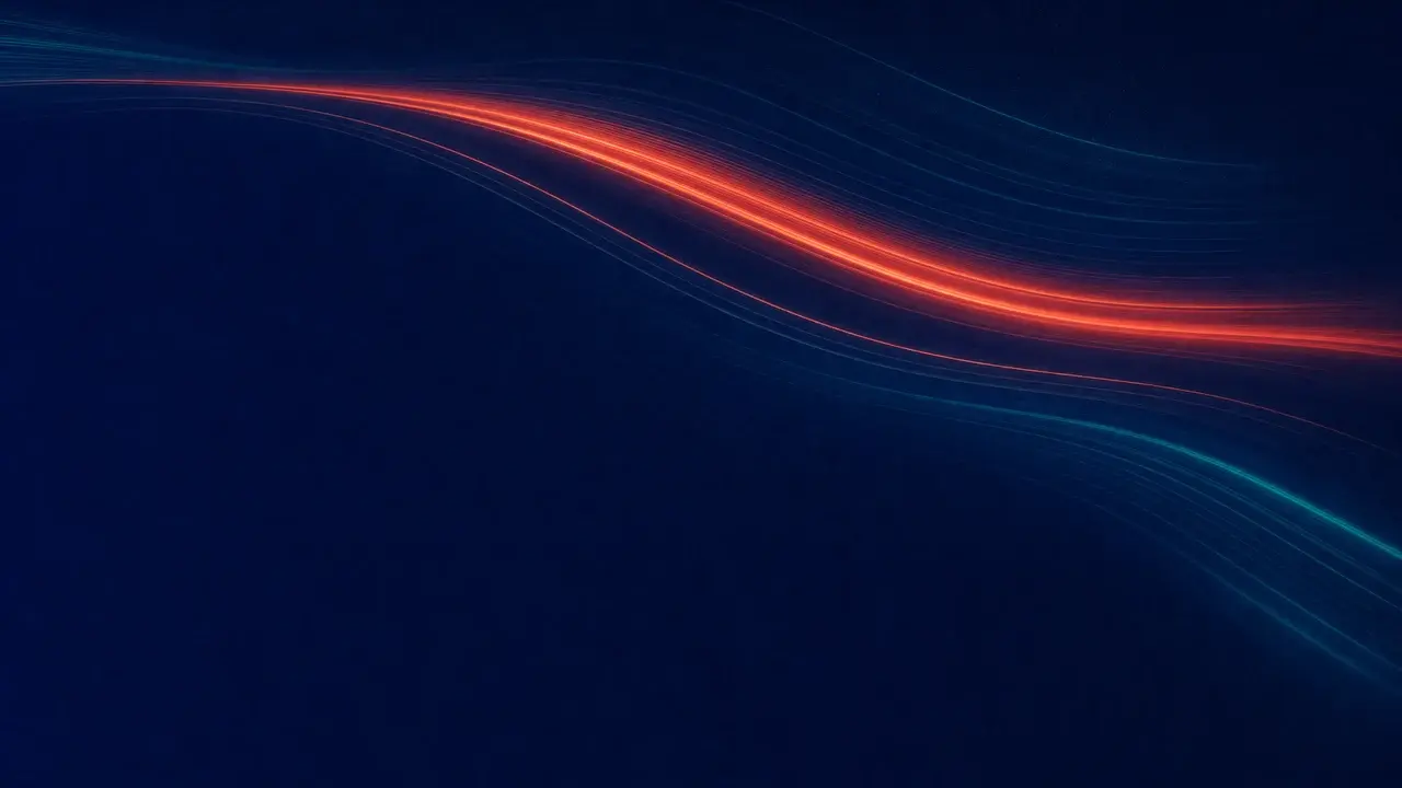 Coral orange and teal streams of light curving across a deep navy field, suggesting energy flowing through a cooled system