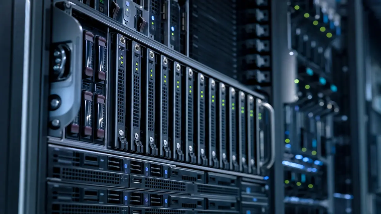 Close-up angled view of dense server blade modules in a rack, with steel-grey casing and small blue and green status lights, softly blurred additional racks in the background.
