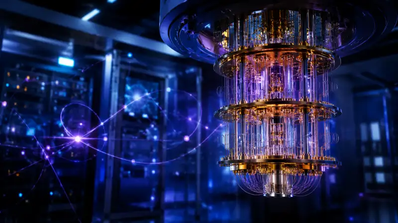 Photographic-style image of a futuristic quantum computer in a blue-lit laboratory with glowing particle-like connections.